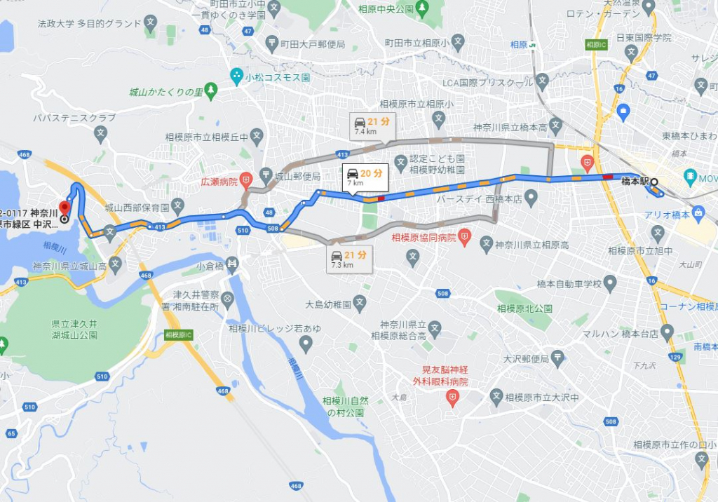 現地より橋本駅までの車マップ