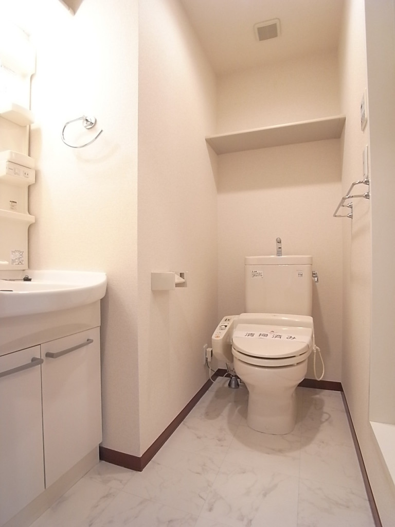洗面脱衣所。洗面台とトイレは同室。