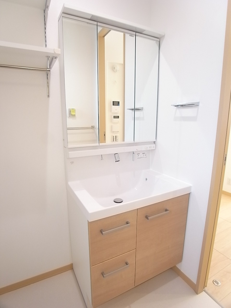 三面鏡のシャワー付き独立洗面台！