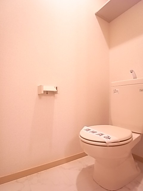 明るいトイレ。上部棚にはペーパー類のストックを！温水洗浄便座に変更