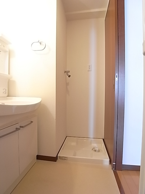 洗面脱衣所。すぐ左手は洗面台、正面奥が洗濯機置場。（写真は202号室のもの）