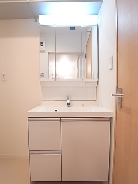 三面鏡の付いたシャワー付き独立洗面台。