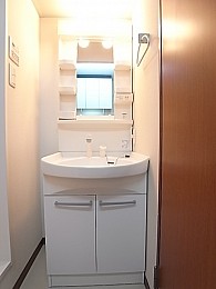 シャワー付きの洗面化粧台。朝の身だしなみチェックもバッチリ！
