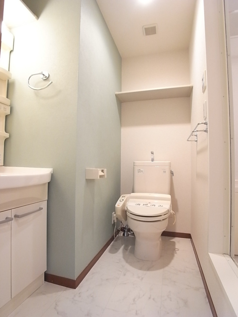 洗面脱衣所。洗面台とトイレは同室。