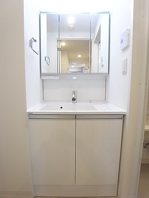 三面鏡のシャワー付き独立洗面台！