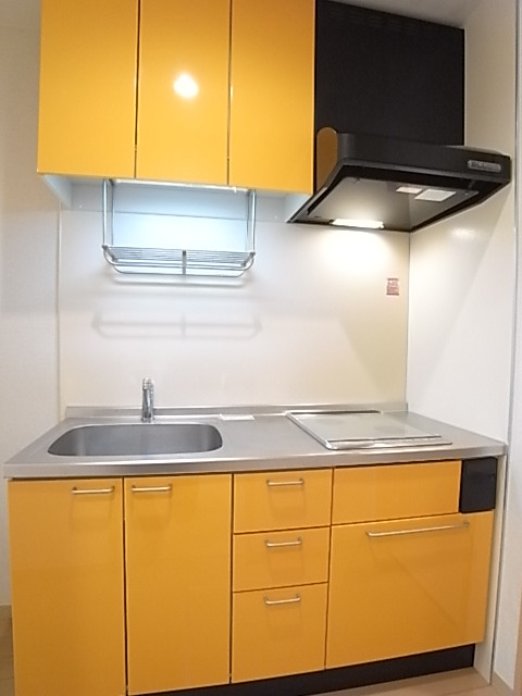 収納棚も多いオレンジカラーのシステムキッチン！