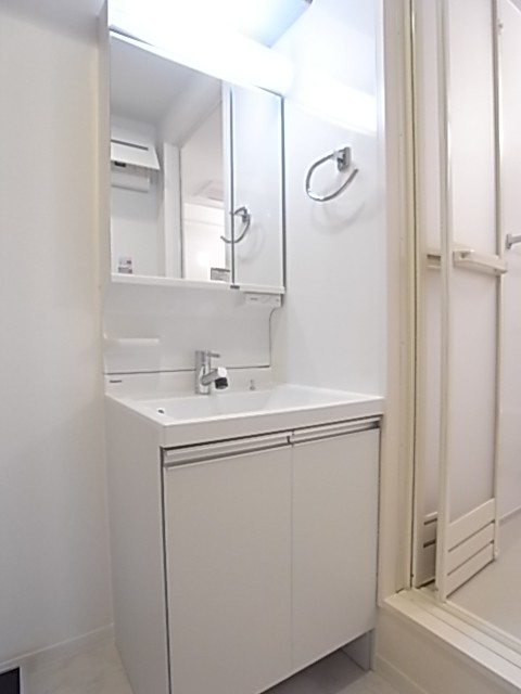 シャワー付き独立洗面台の洗面脱衣所。鏡は2面になっています！