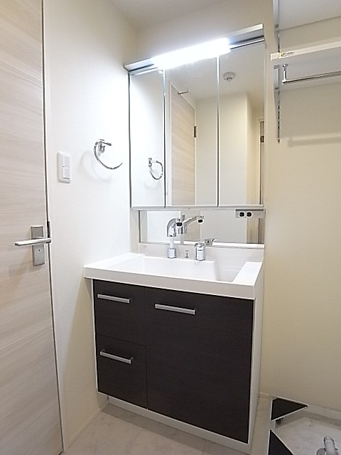 大きな三面鏡のあるシャワー付き独立洗面台！