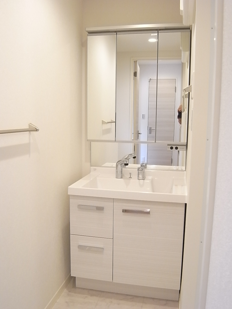 三面鏡のあるシャワー付き独立洗面台！