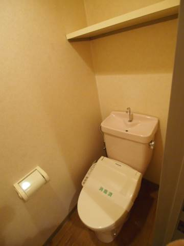 上に収納スペースのあるお手洗い。これは別部屋の写真です。