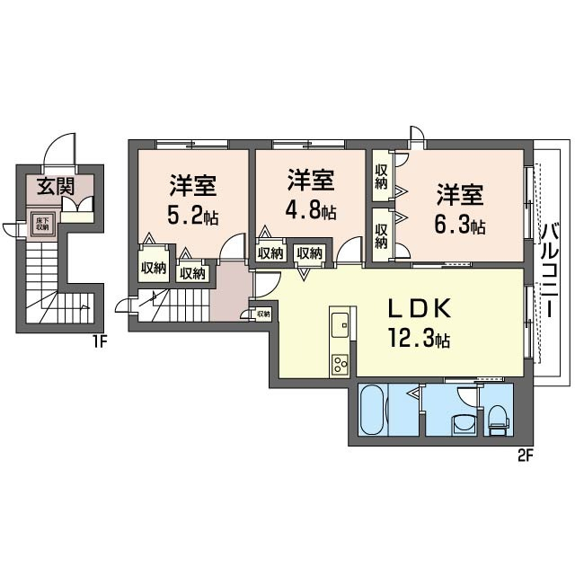 ゆったりとした間取り。人気の1LDK。