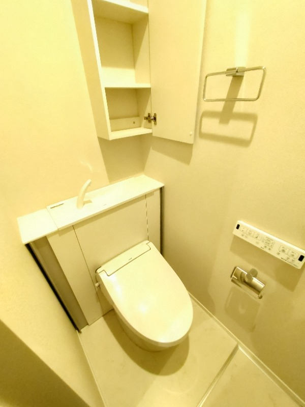 棚が付いた多機能便座のトイレ。