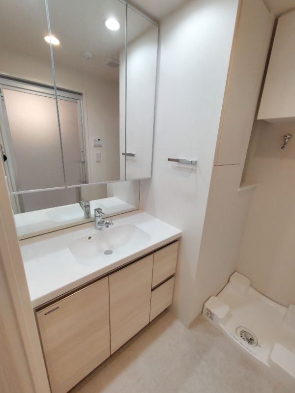 脱衣所も兼ねた収納力ある独立洗面所