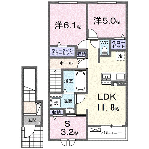 洋室2部屋5帖以上の広々空間※サービスルーム付