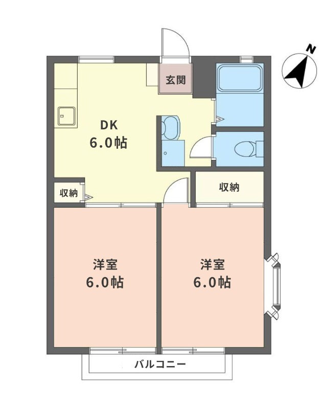 南向き2部屋の洋室がポイントの2DKタイプ