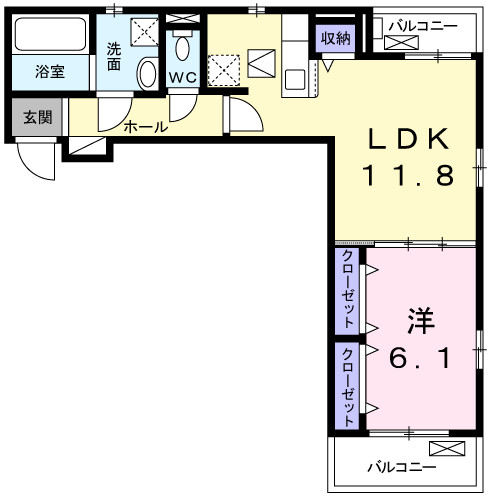 変わった形の間取りですが広々しています。
