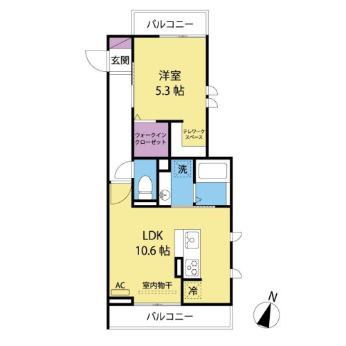 2面テラスで使いやすい間取りの1LDKタイプ