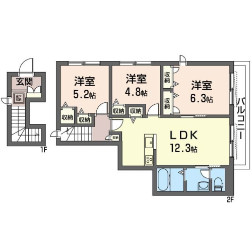ゆったりとした間取り。人気の1LDK。