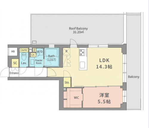 広いルーフバルコニーが特徴的な1LDK※間取り図準備中