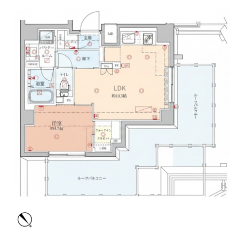 広く眺望の良いルーフバルコニーが特徴的な1LDK