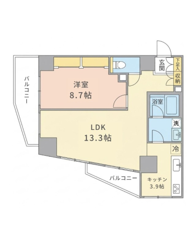 2面バルコニーが特徴的な1LDKタイプ