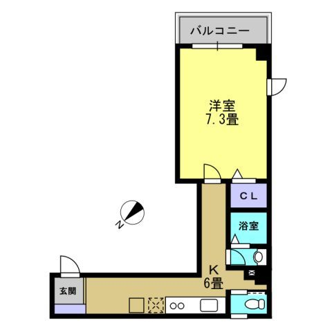 Ｋ６帖（ホール含む）・洋室７．３帖の２面...